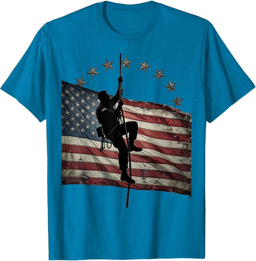 Army Ranger Climbing Rope Under Stars Graphic T-Shirt - Sapphire Blue