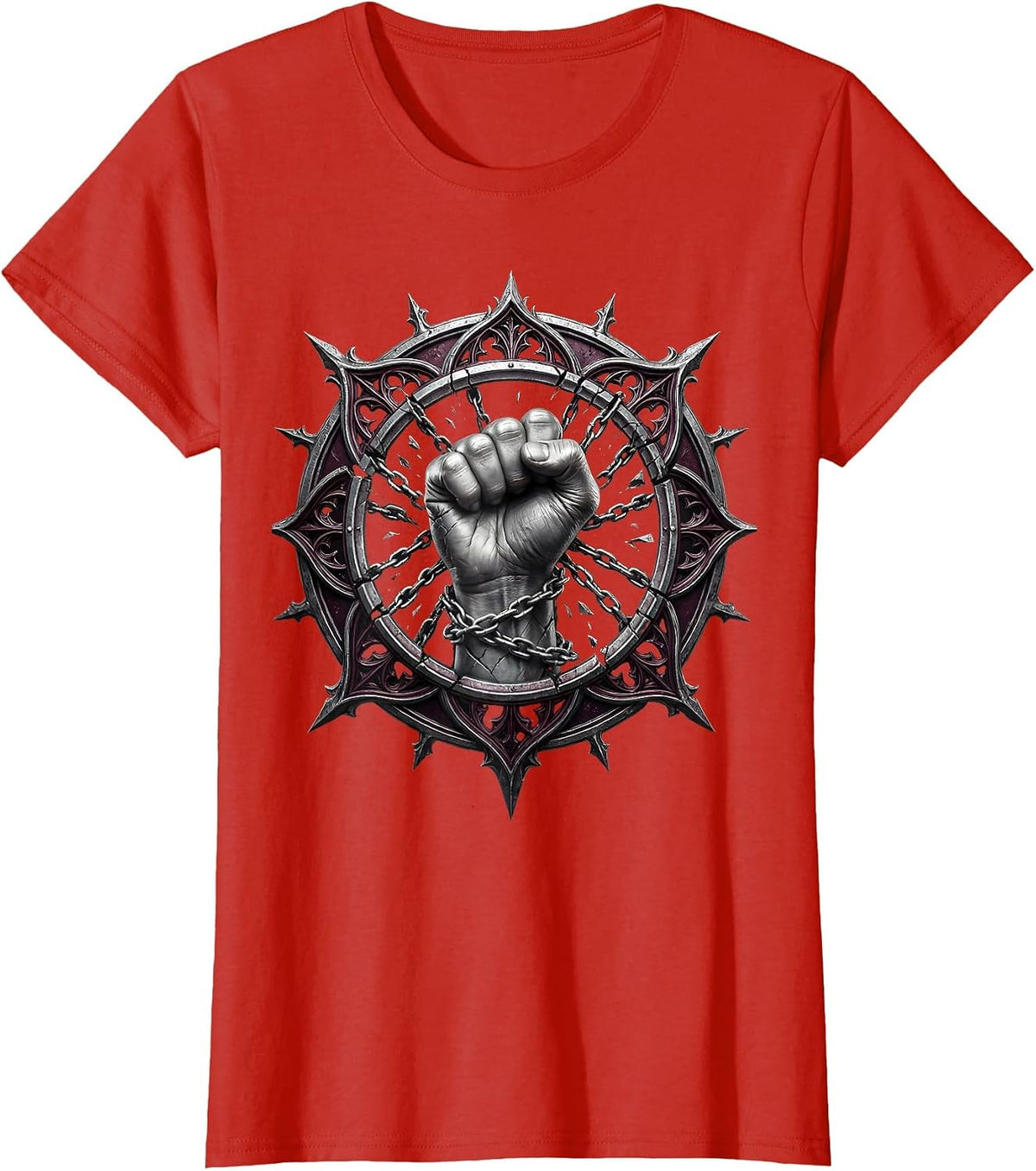 Breaking Chains Clenched Fist Metal Graphic T-Shirt - Red