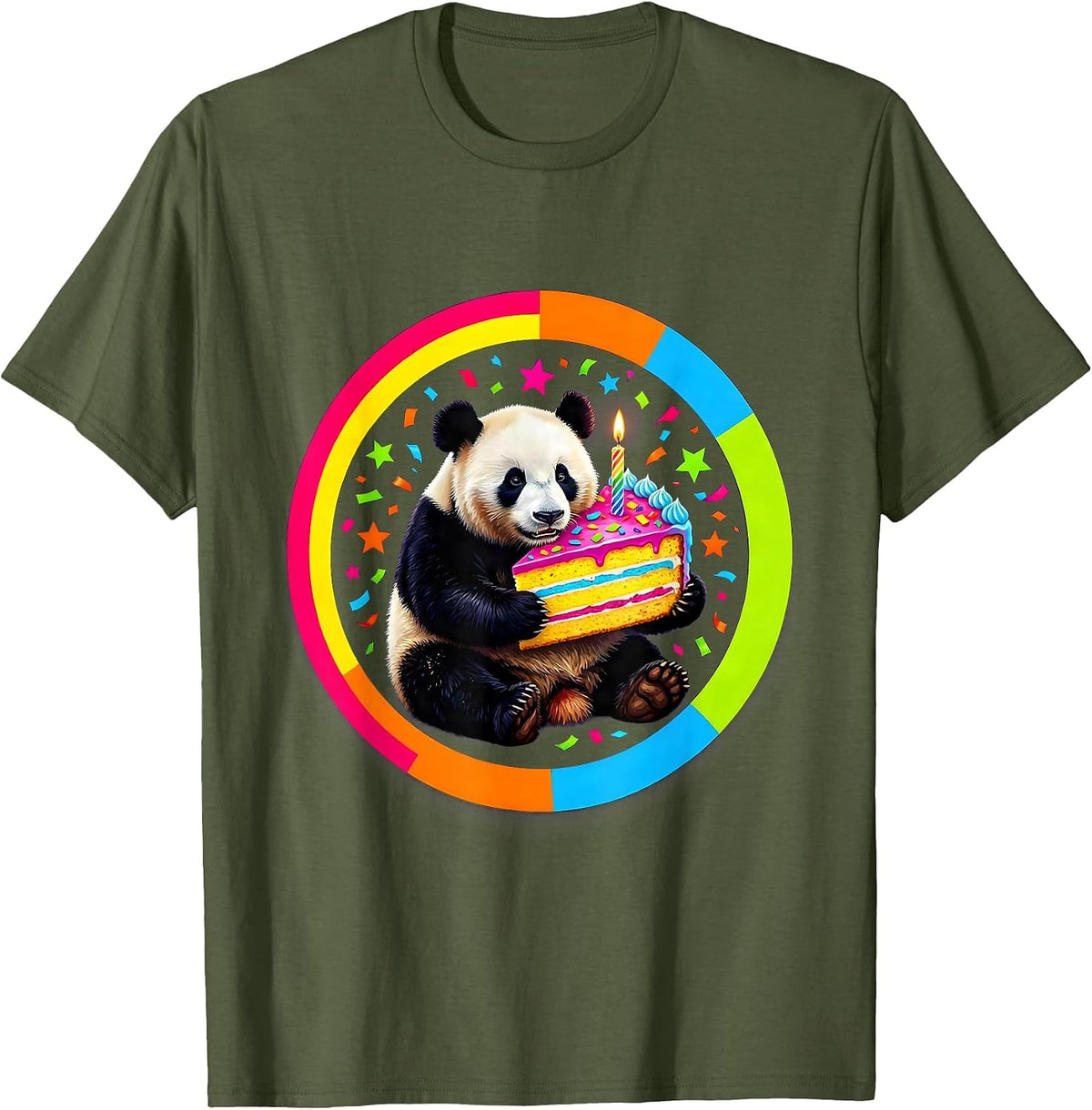 Panda Birthday Cake Slice Celebration Graphic T-Shirt - Olive Green