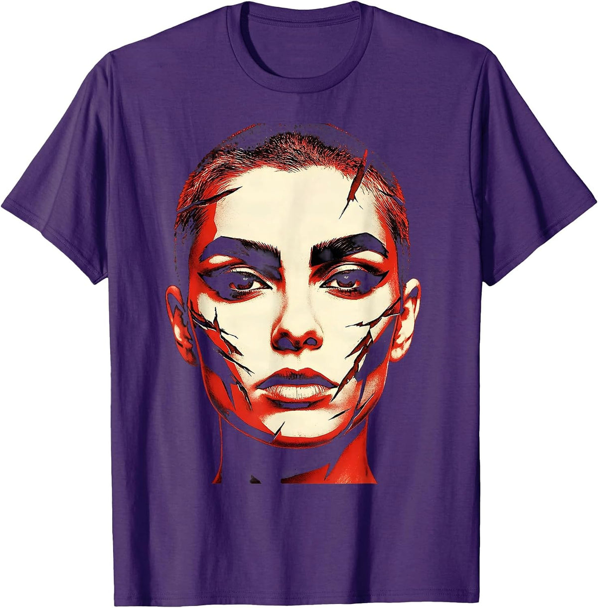 Punk Buzzcut Girl Bold Eye Makeup Graphic Tee T-Shirt - Purple