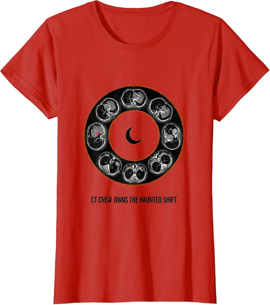 Women's CT Crew Owns The Haunted Shift Funny Radiology Tech T-Shirt - Red