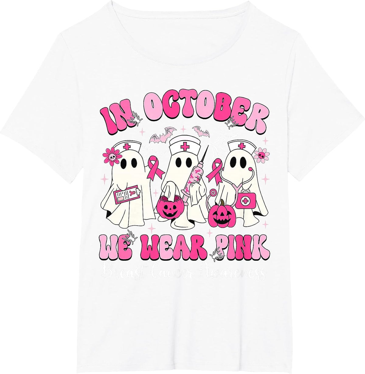 in October We Wear Pink Nurse Ghost Halloween Breast Cancer T-Shirt - White