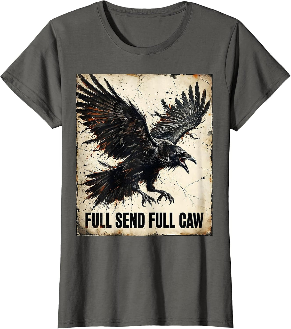 Women's Full Send Full Caw Bold Crow Graphic Design T-Shirt - Asphalt Grey