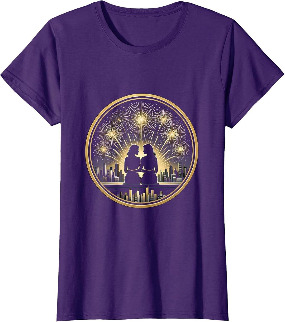 Women's Rooftop Fireworks Night Lesbian Couple Design T-Shirt - Purple