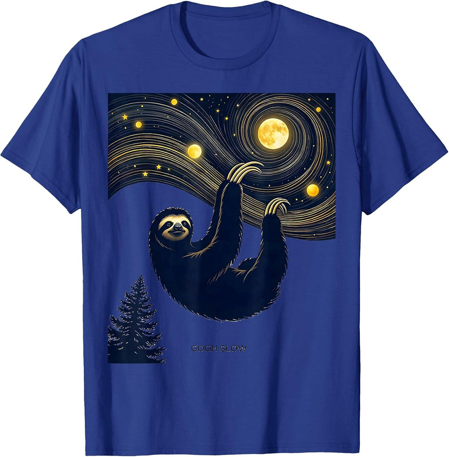 Gogh Slow Silhouette Sloth Art Parody Cat Lover Gift T-Shirt - Royal Blue