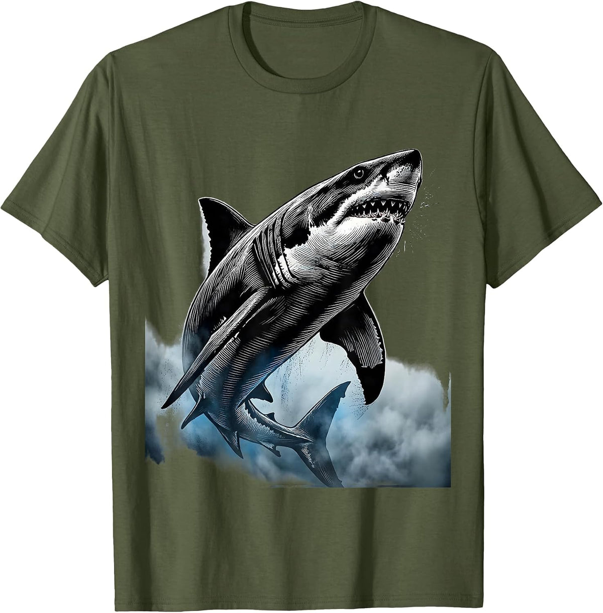 Men's Shark Emerging From Ocean Fog Illustration T-Shirt - Olive Green