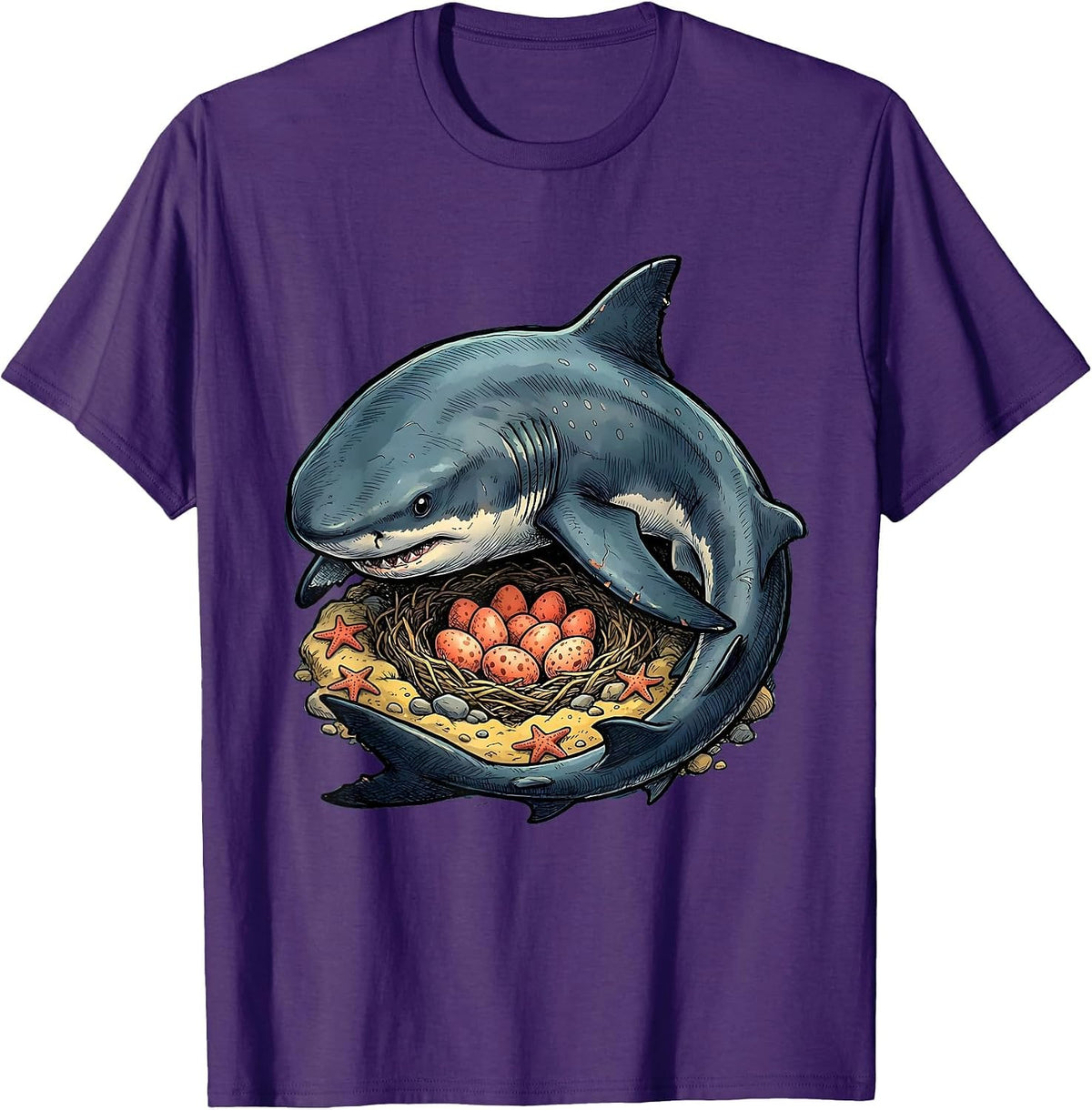 Mama Shark Protecting Eggs in Nest Illustration T-Shirt - Purple