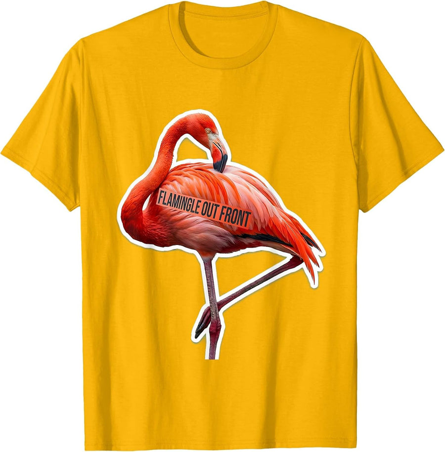 Flamingle Out Front Novelty Flamingo Lover Gift T-Shirt - Golden Yellow