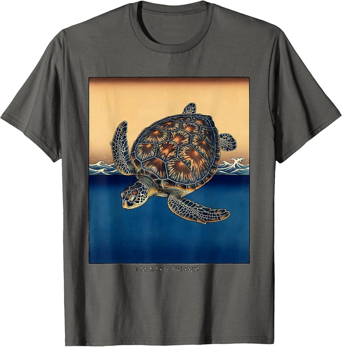 Men's I Go Slow In Saltwater Ukiyo-e Sea Turtle Lover Beach Humor T-Shirt - Asphalt Grey
