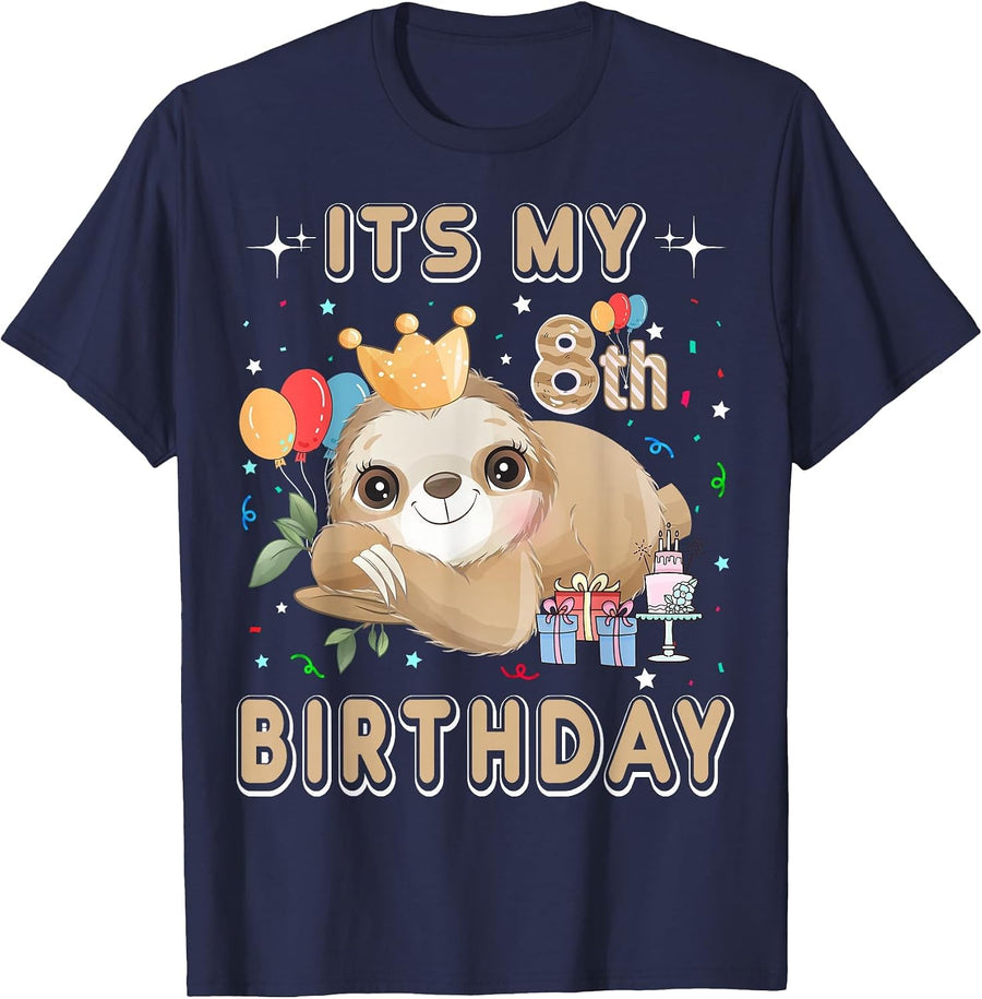 Its My 8th Birthday for Girls Sloth Birthday Costumes Outfit T-Shirt - Navy Blue