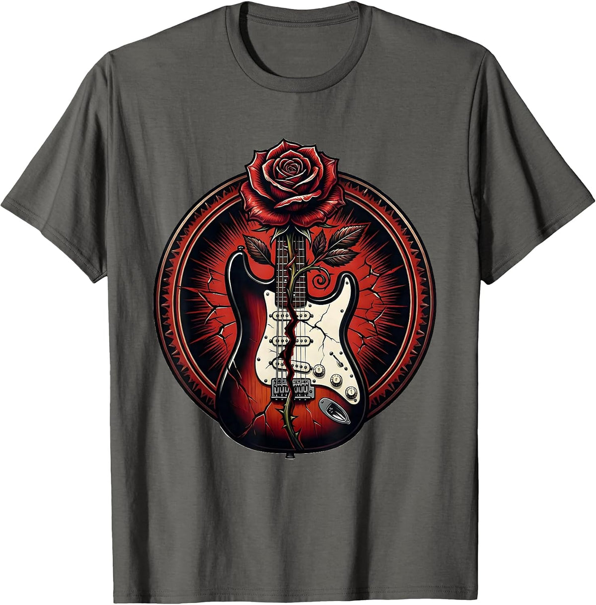 Men's Rose Growing Through Cracked Electric Guitar Art T-Shirt - Asphalt Grey