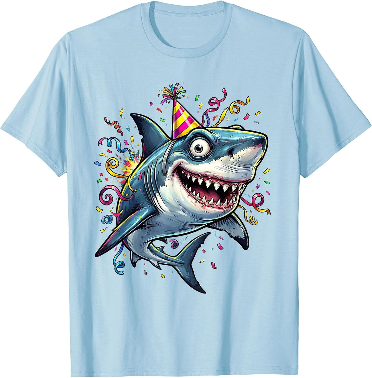 Men's Shark Birthday Hat Swimming Streamers Celebration T-Shirt - Baby Blue