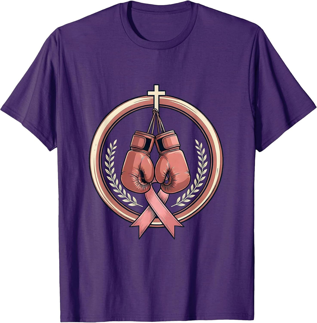 Pink Ribbon Boxing Gloves Breast Cancer Awareness T-Shirt - Purple