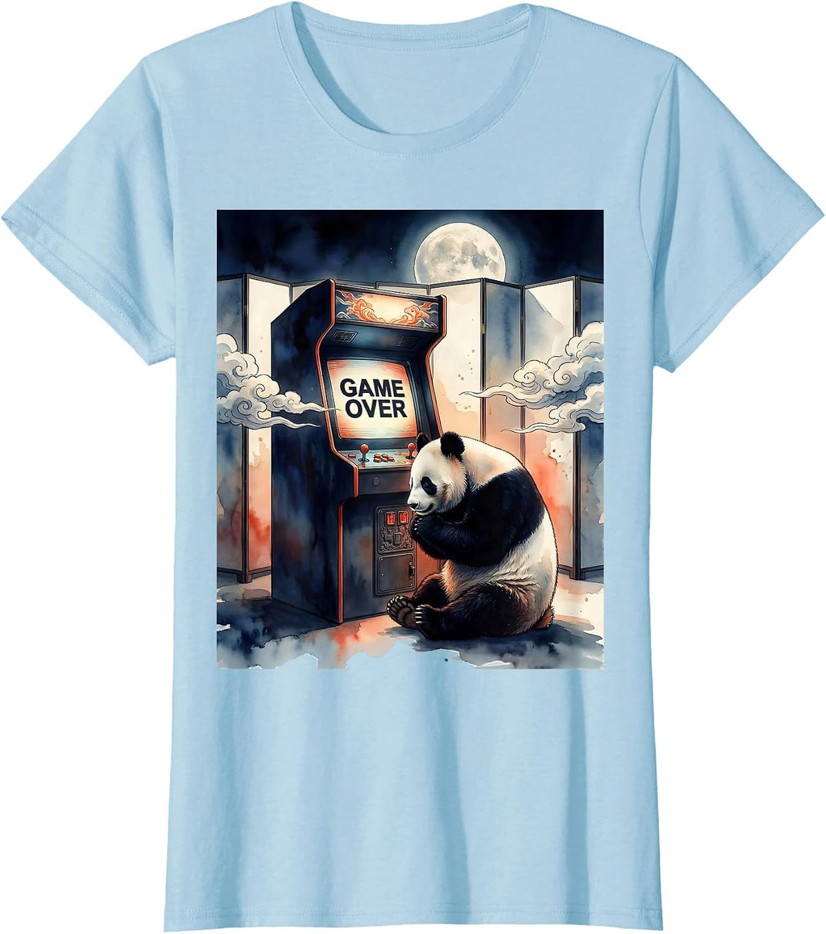 Game Over Watercolor Panda Gaming Humor Ukiyo-e Frog Novelty T-Shirt - Baby Blue