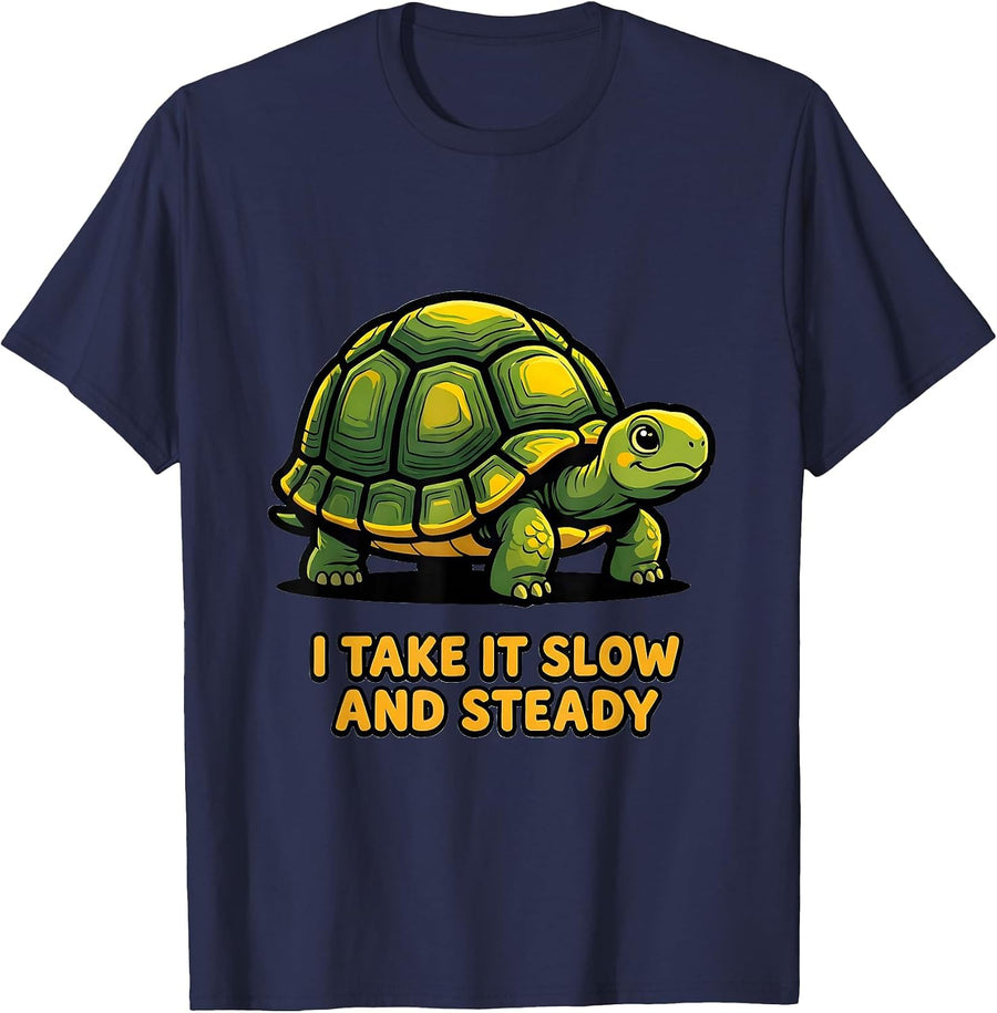 I Take It Slow And Steady Cartoon Tortoise Animal Lover Gift T-Shirt - Navy Blue