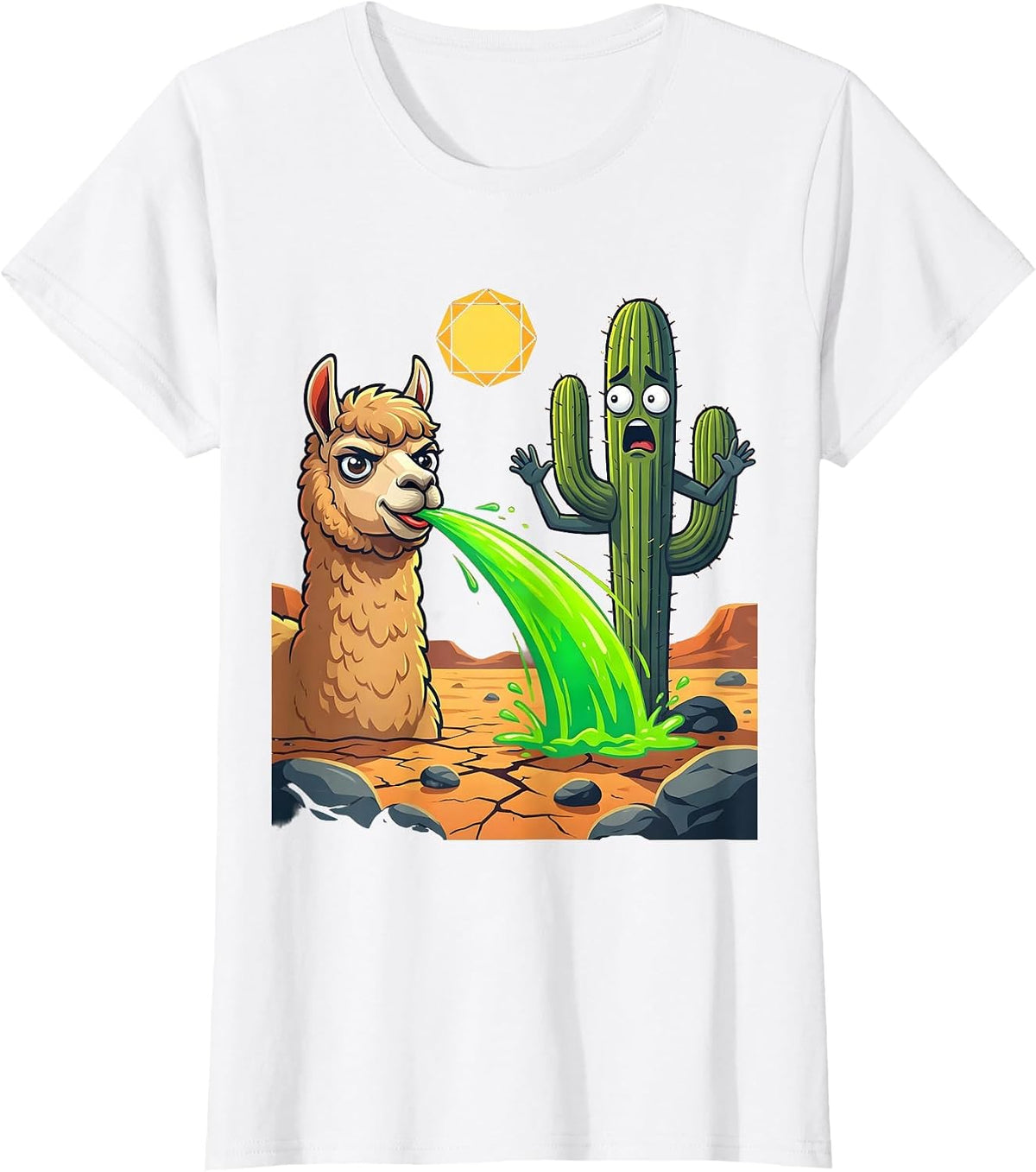 Funny Llama Spitting at Cactus Desert Scene T-Shirt - White