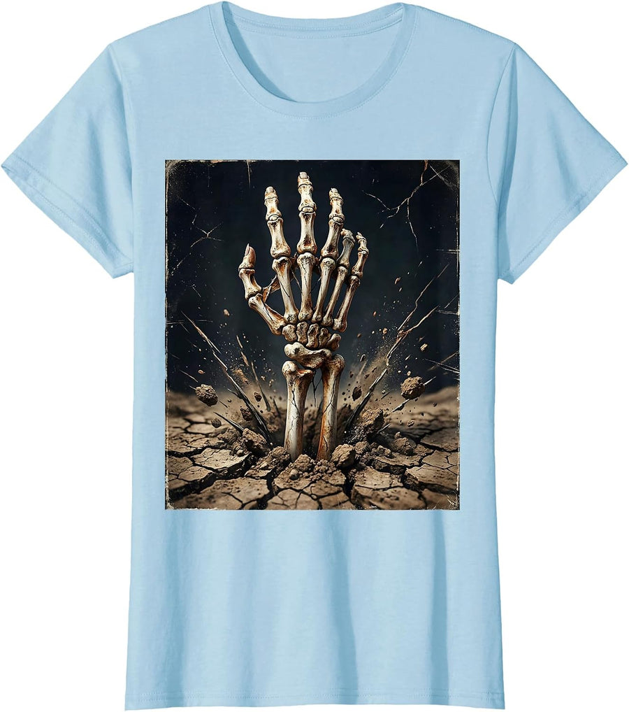 Women's Skeleton Hand Rising From Cracked Earth Graphic T-Shirt - Baby Blue