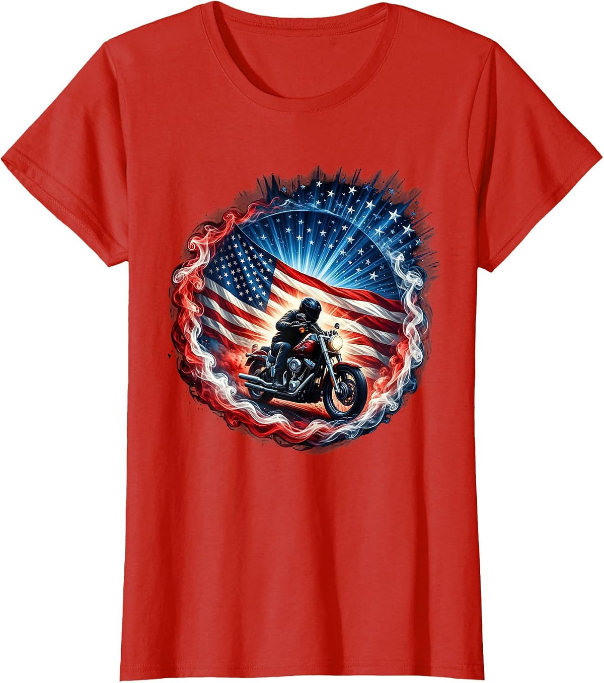 American Flag Motorcycle Rider Patriotic Biker Tee T-Shirt - Red