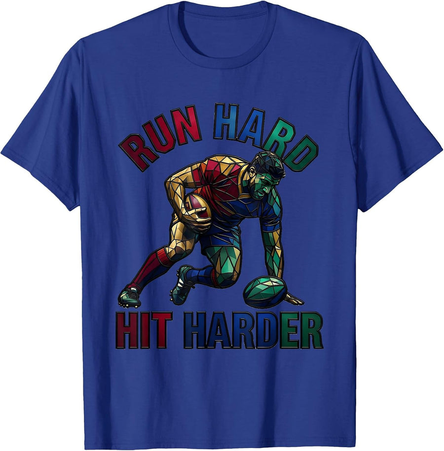 Run Hard Hit Harder Rugby Graphic Design T-Shirt - Royal Blue