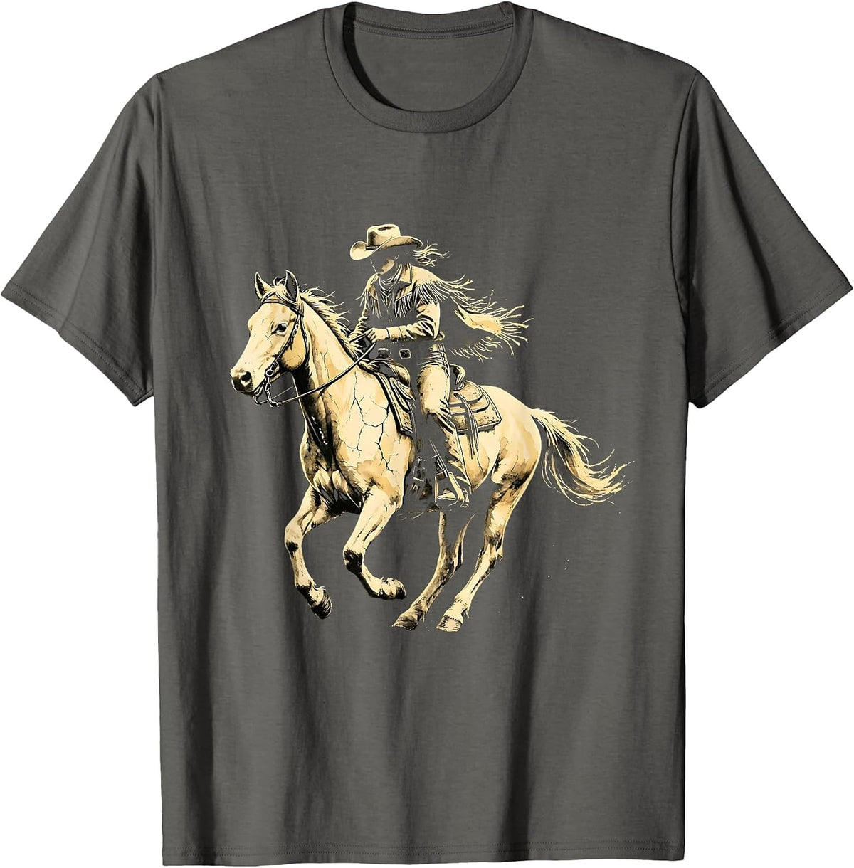 Cowgirl Silhouette Desert Sunset Rodeo Design T-Shirt - Asphalt Grey