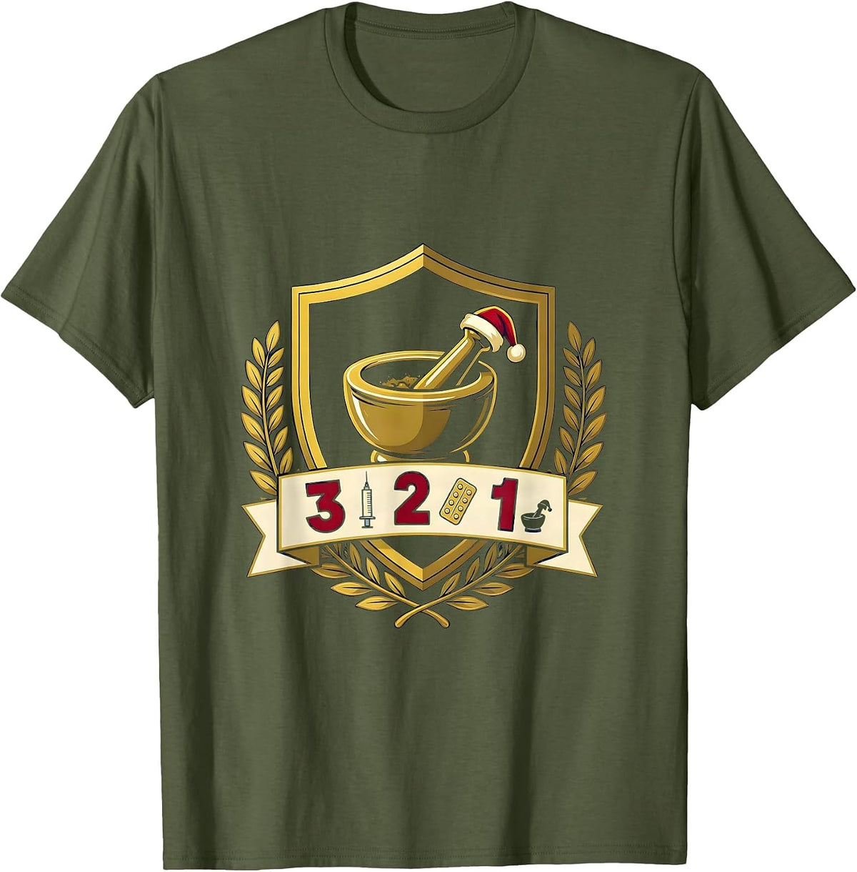 Men's 3 Flu Shots, 2 Unit-Dose Trays, 1 Santa Hat Mortar Pharmacy T-Shirt - Olive Green