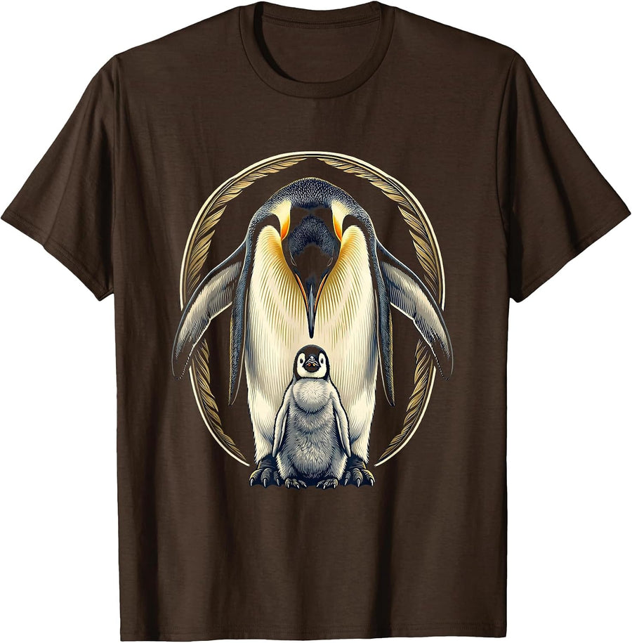 Emperor Penguin and Chick Illustration T-Shirt - Brown