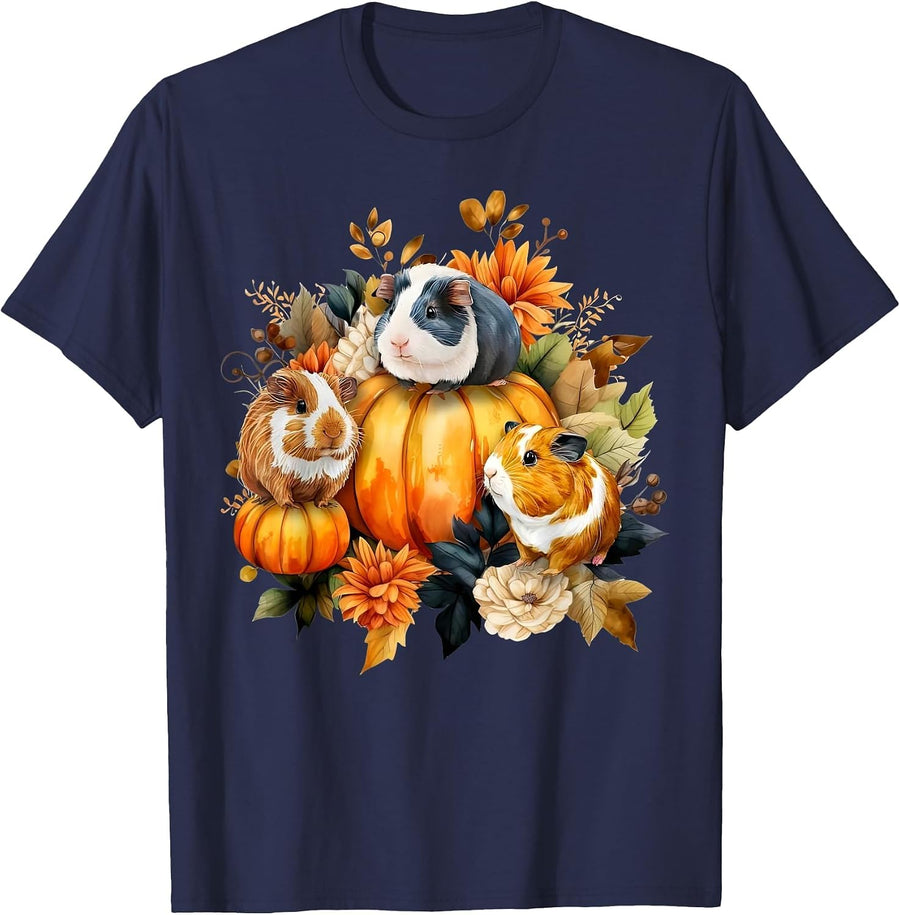 Cottagecore Floral Guinea Pig Pumpkin Autumn Thanksgiving T-Shirt - Navy Blue