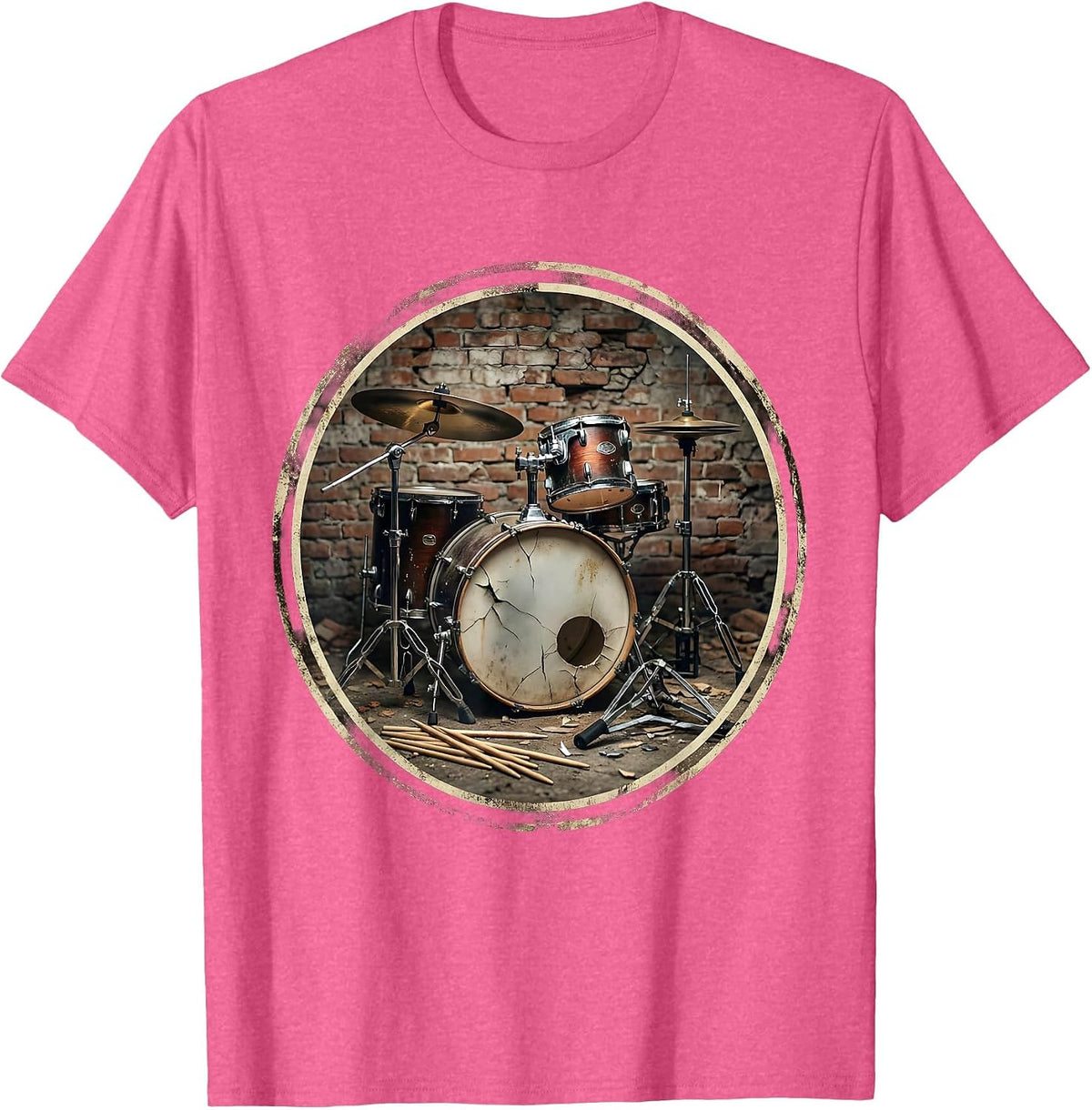 Grunge Drum Kit Dark Alley Illustration T-Shirt - Pink Heather