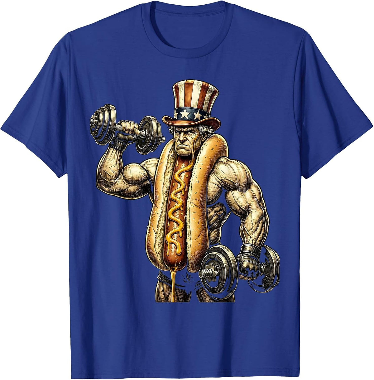 Men's Funny Hot Dog Bicep Curl Gym Workout Illustration T-Shirt - Royal Blue