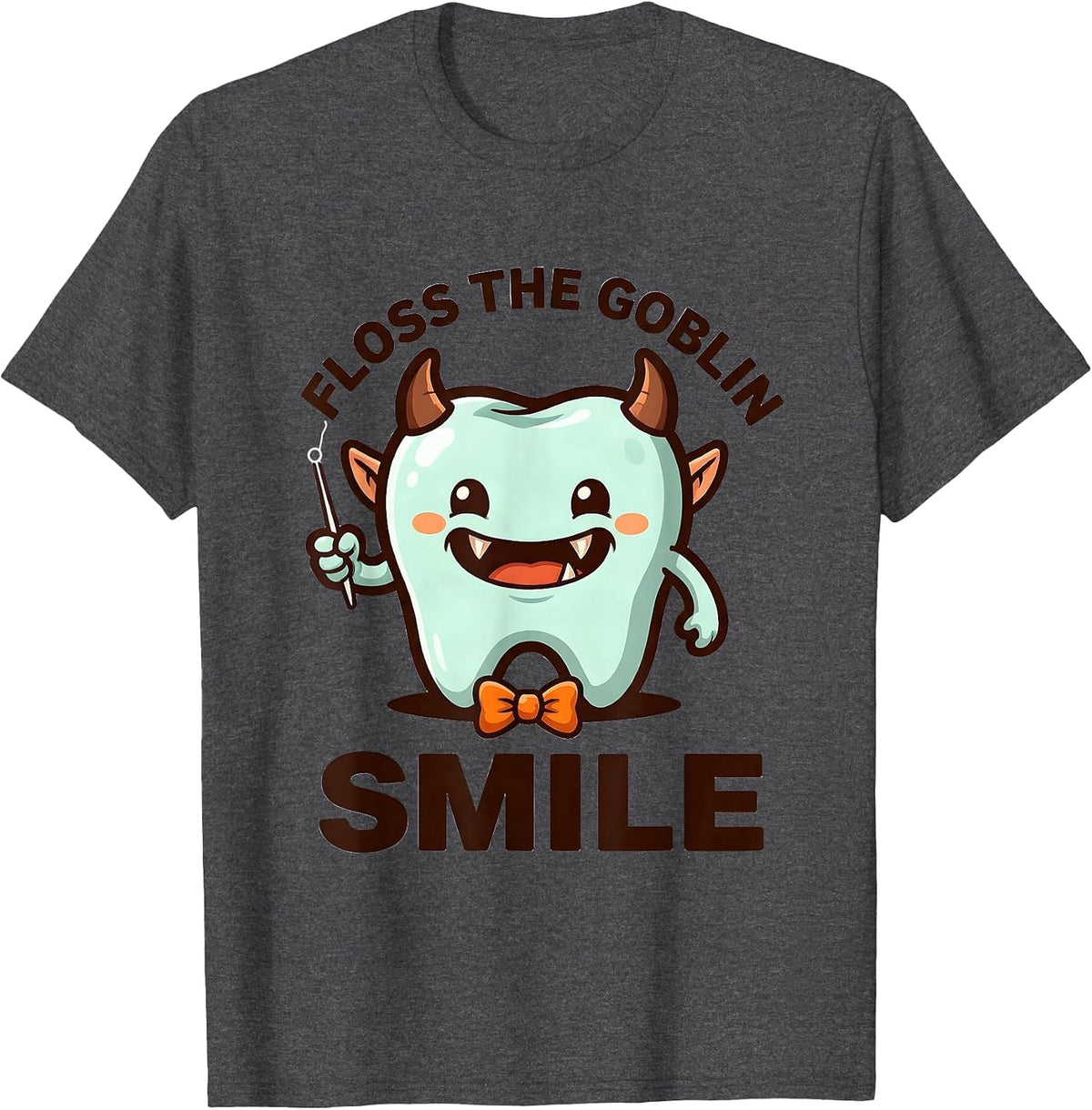 Floss the Goblin Smile Cute Kawaii Halloween Dentist Dental T-Shirt - Dark Heather Grey