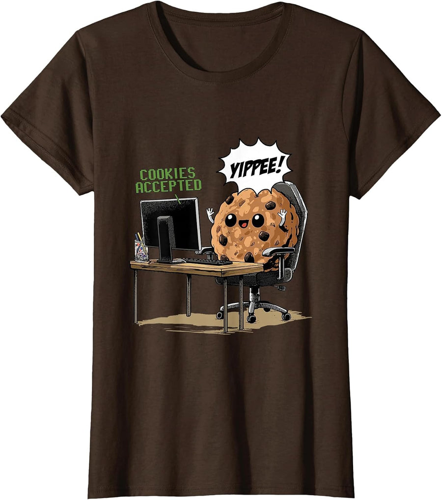 Cookies Accepted Nerd Shirt Funny Computer Internet Coder T-Shirt, Women, Brown, Large - As Pictured