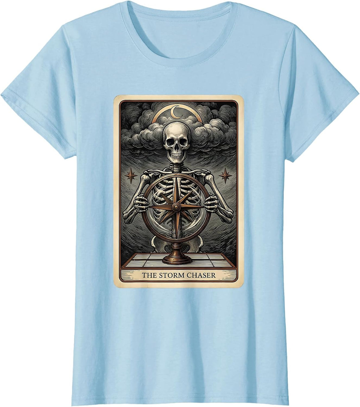 Women's The Storm Chaser Gothic Tarot Card Skeleton Halloween Humor T-Shirt - Baby Blue