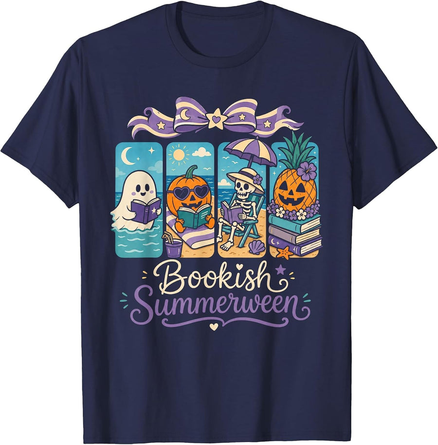 Summerween Boo Reading Book Spooky Vibes Summer Vacay T-Shirt - Navy Blue
