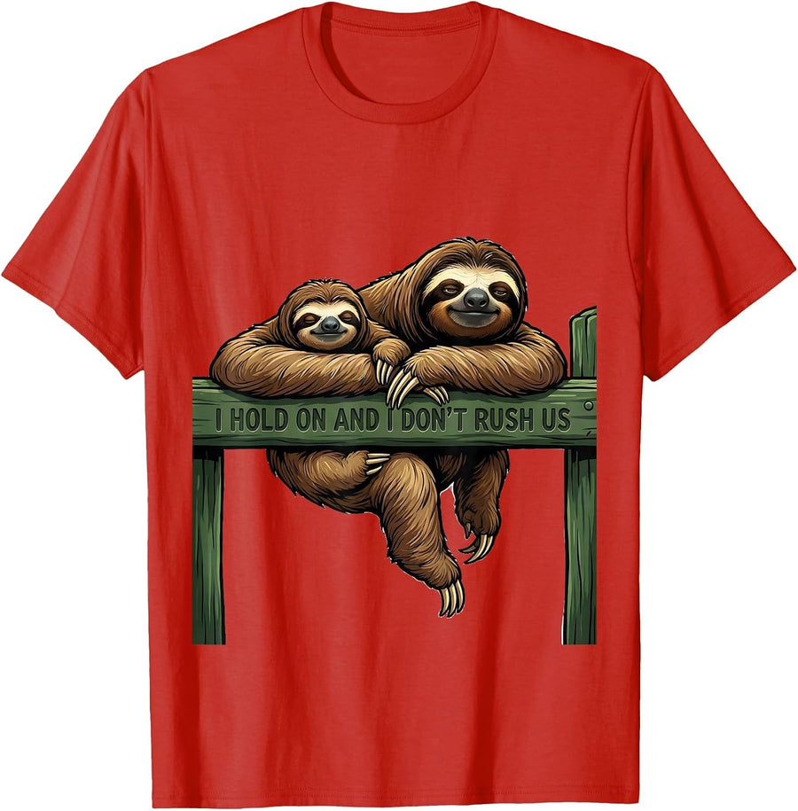 Men's I Hold On And I Don't Rush Us Funny Sloth Lover Gift T-Shirt - Red