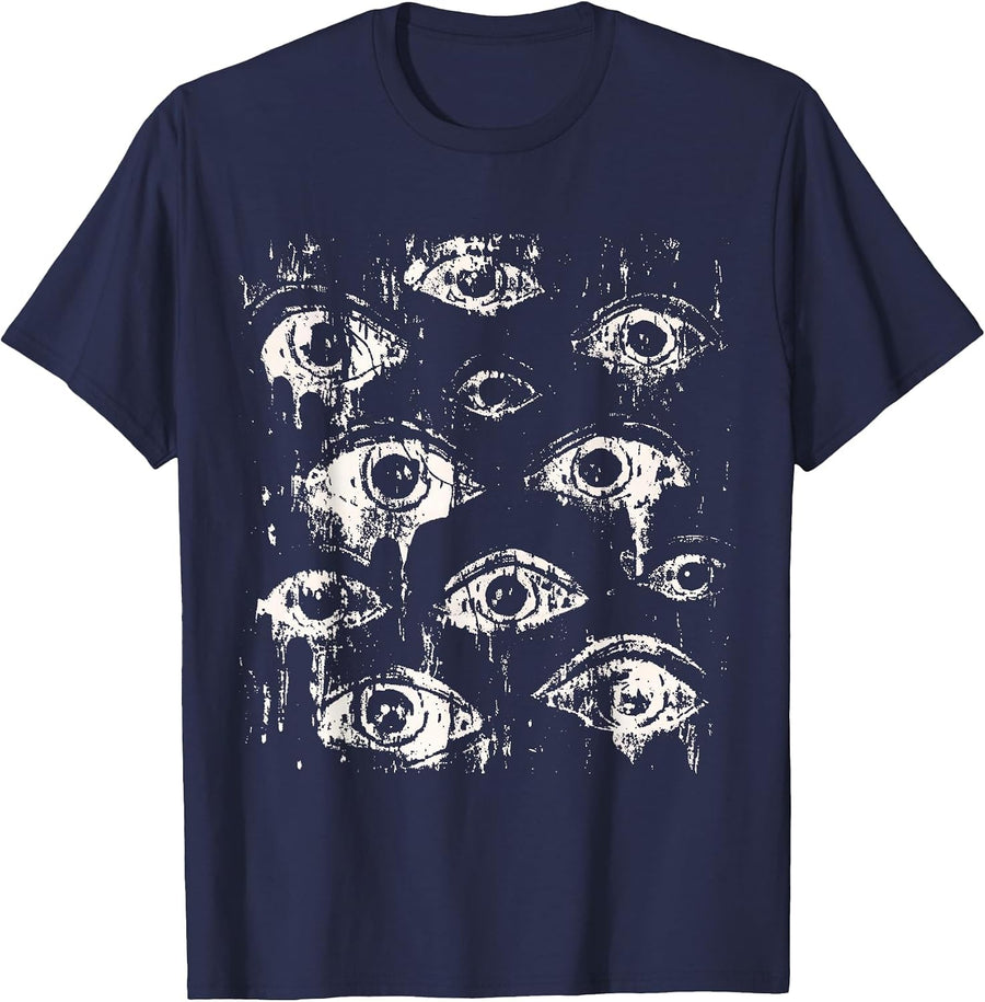 Eyes Eyeballs Weird Goth Grunge Alt Y2K Strange Aesthetic T-Shirt - Navy Blue