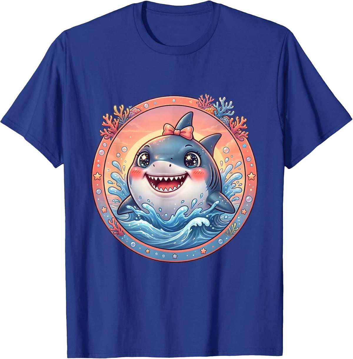 Mommy Shark Ocean Sunset Burst Graphic T-Shirt - Royal Blue