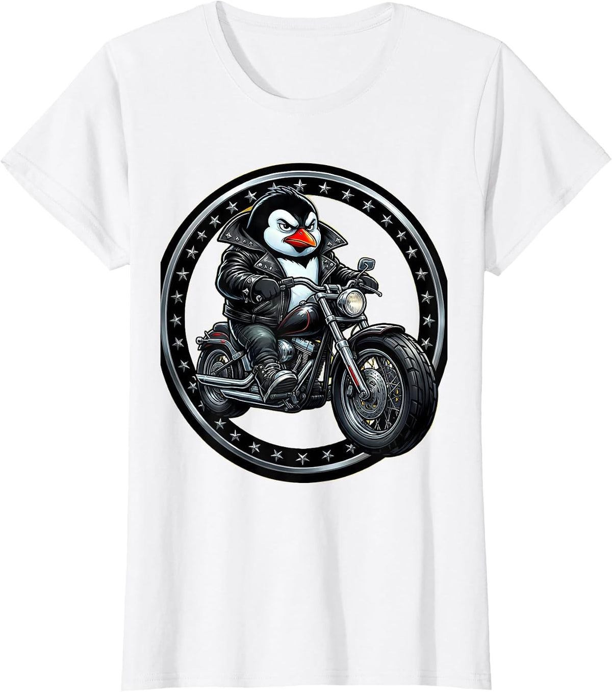 Penguin Biker Leather Jacket Motorcycle Graphic T-Shirt - White
