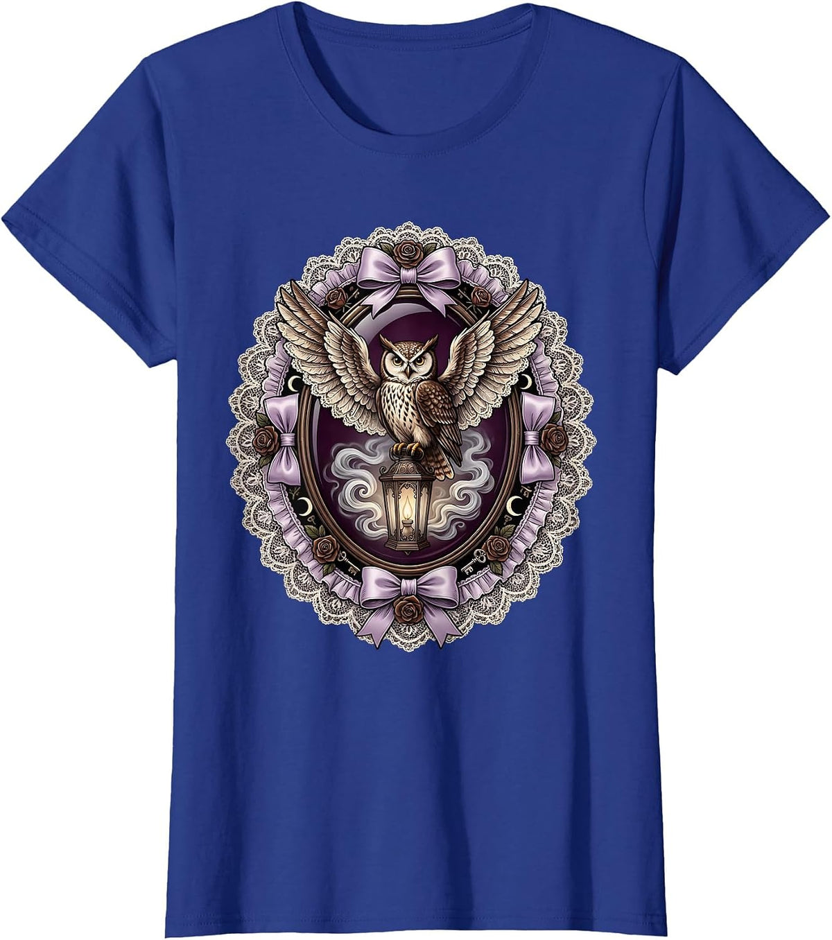 Women's Owl on Glowing Lantern Halloween Fog Design T-Shirt - Royal Blue