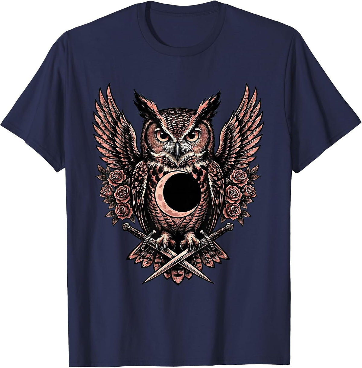 Men's Halloween Owl Crescent Moon Illustration T-Shirt - Navy Blue