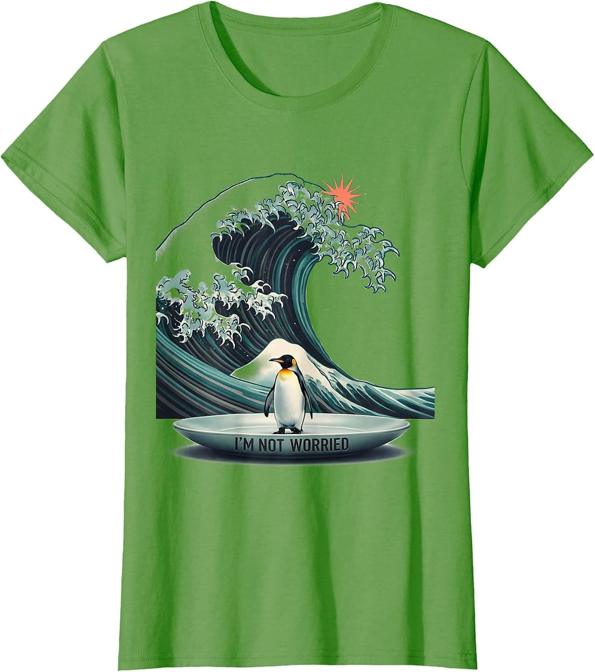 Women's I'm Not Worried Midcentury Modern Animal Humor Penguin Art T-Shirt - Grass Green