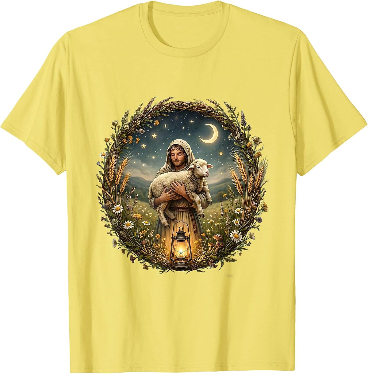Men's Jesus Loves You Shepherd Carrying Lost Sheep T-Shirt - Lemon Yellow