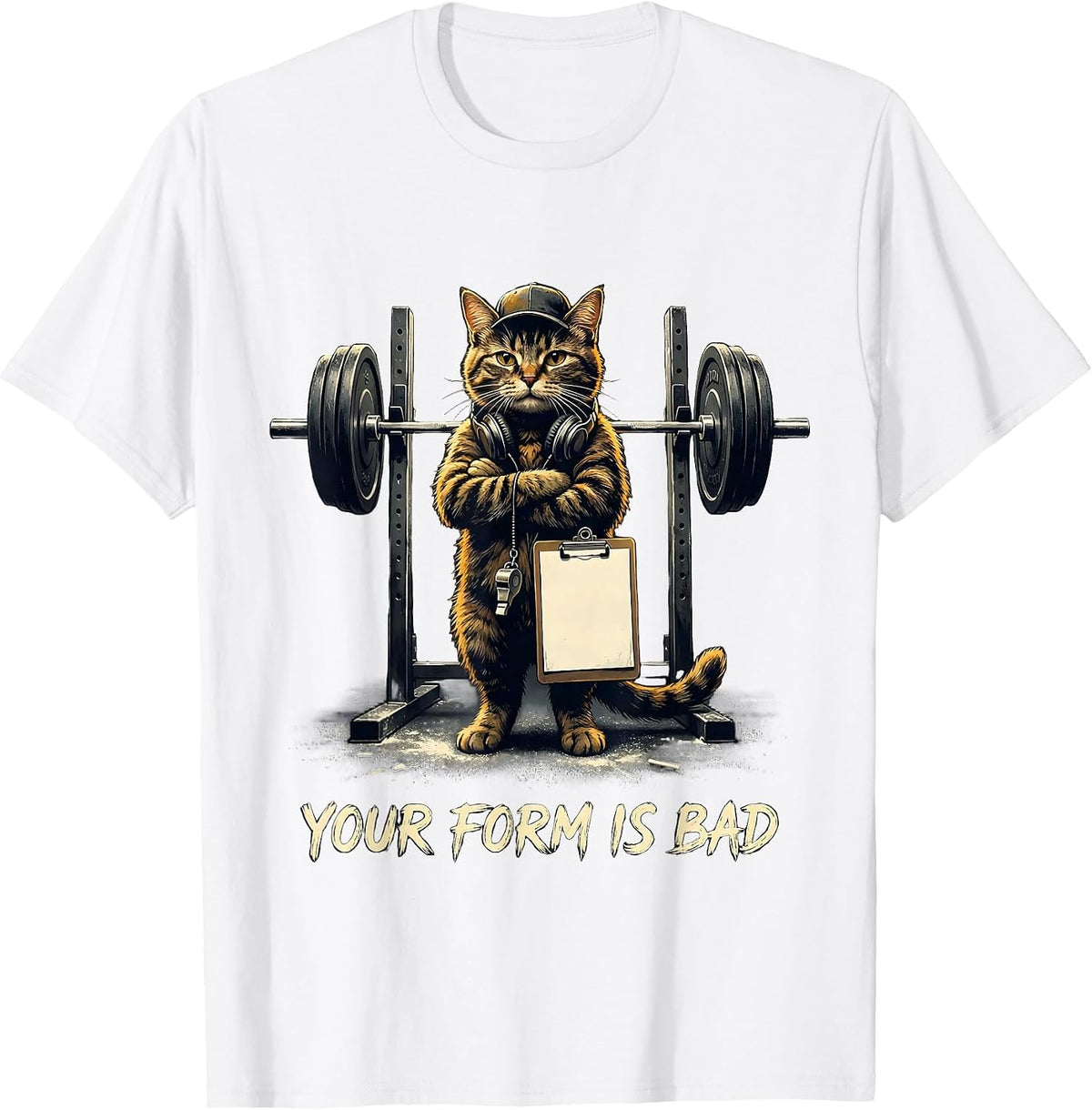 Men's Your Form Is Bad Funny Gym Cat Weightlifting Meme T-Shirt - White