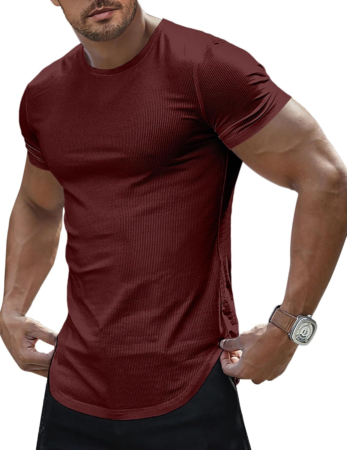 Mens Slim Fit Muscle Stretch Crewneck T-Shirt Summer Athlelic Shirts Longline Short Sleeve Tees Shirts - Red