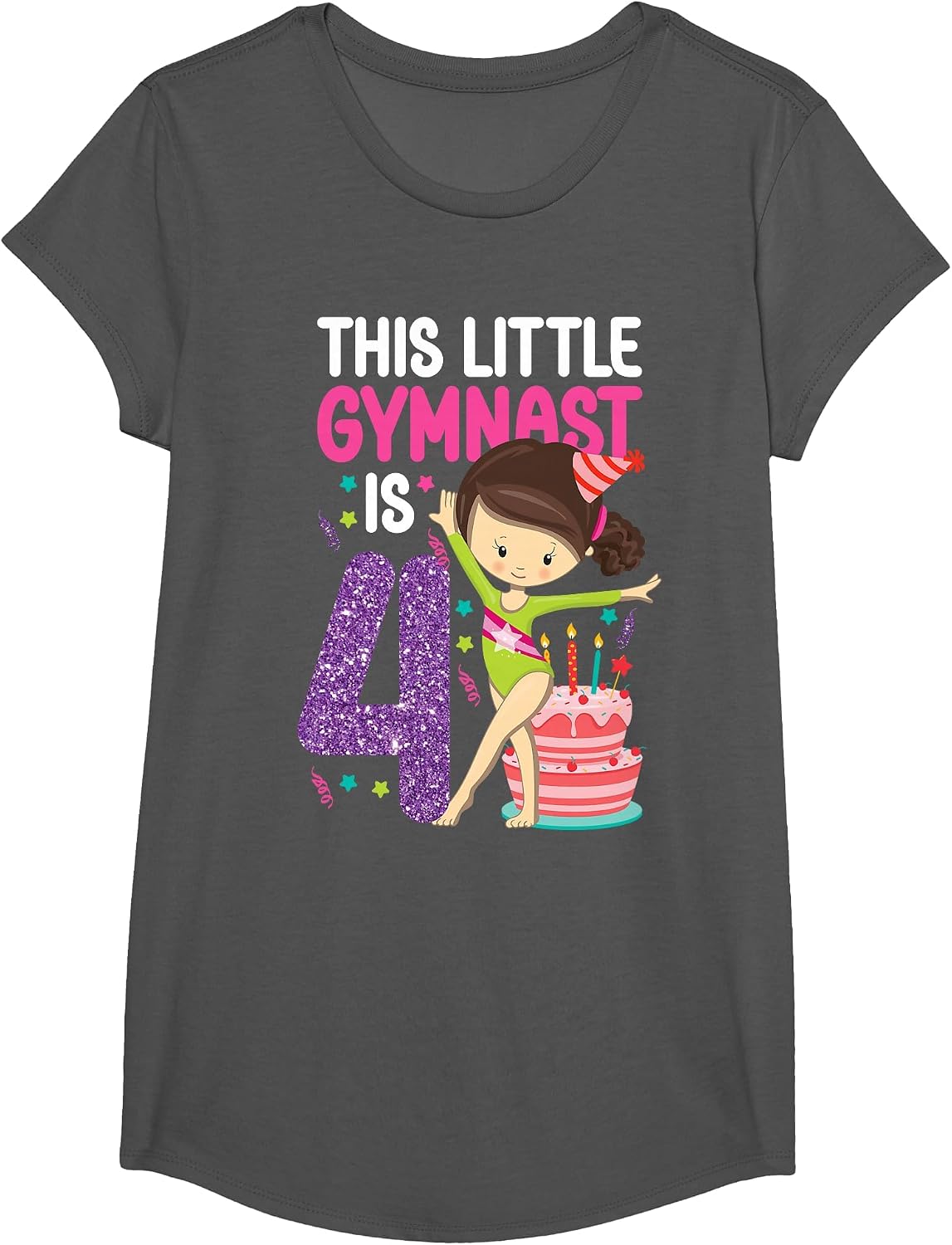 Gymnastics 4th Birthday This Little Gymnast is 4 T-Shirt - Girls Asphalt Grey
