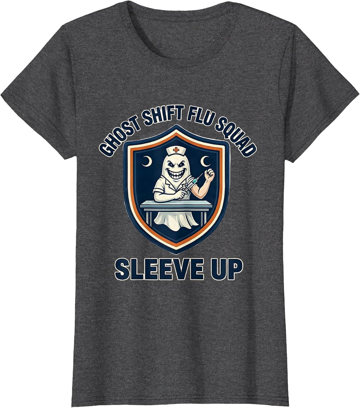 Women's Ghost Shift Flu Squad Sleeve Up Funny Nurse Halloween Flu T-Shirt - Dark Heather Grey