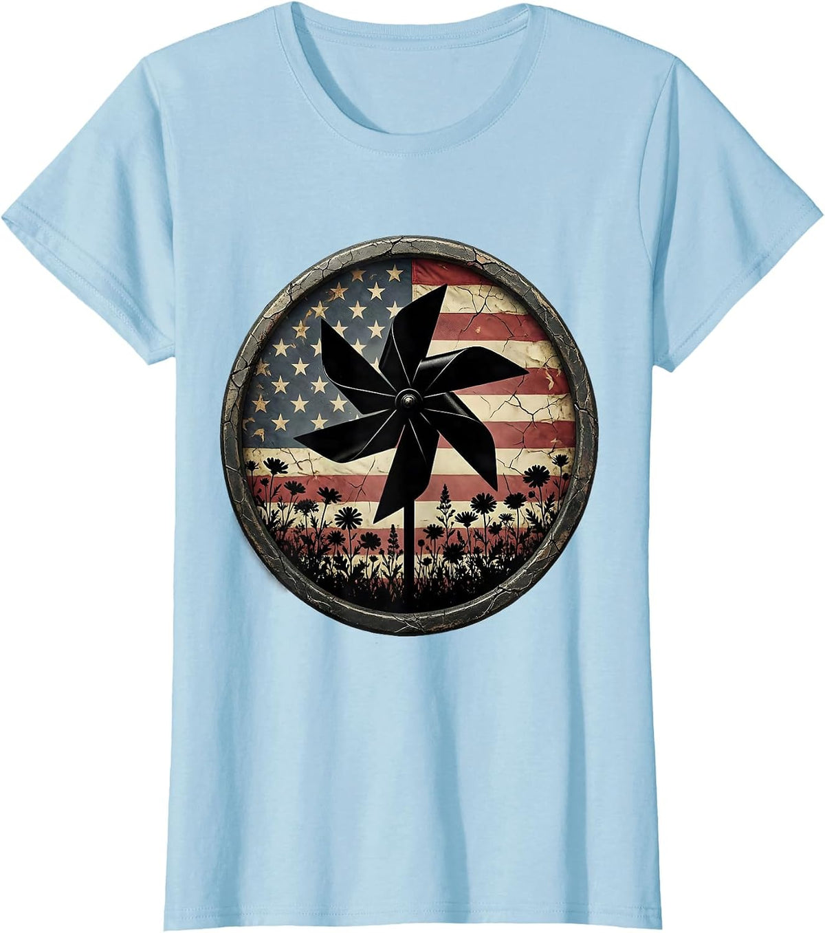 Red White and Blue Pinwheel Wildflower Field T-Shirt - Baby Blue