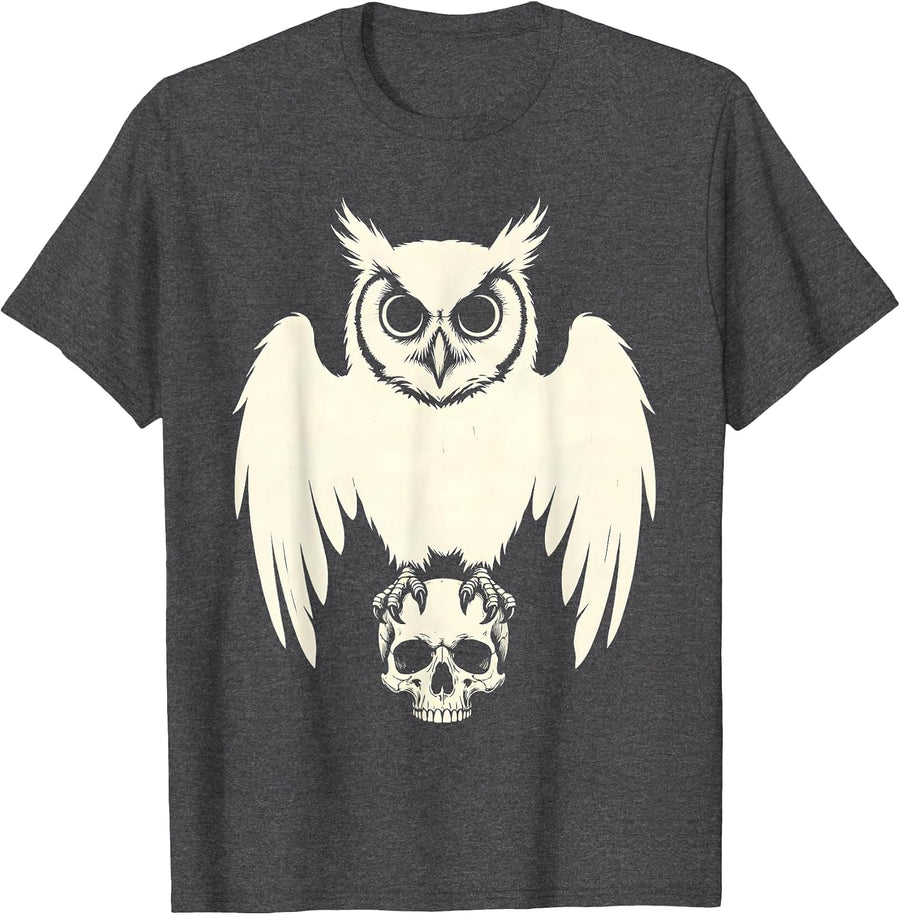 Men's Owl Wide Eyes Skull Halloween Graphic Design T-Shirt - Dark Heather Grey