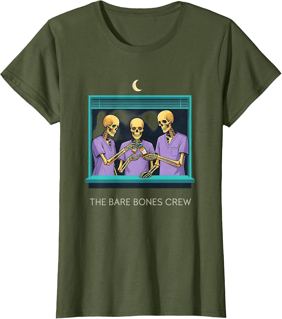 Women's The Bare Bones Crew Funny Pharmacy Tech Halloween Crew T-Shirt - Olive Green