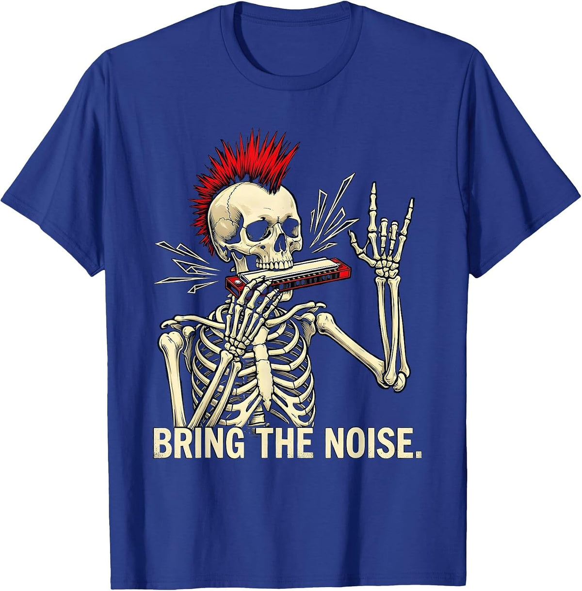 Men's Bring The Noise Punk Rock Skeleton Skull Halloween Music T-Shirt - Royal Blue