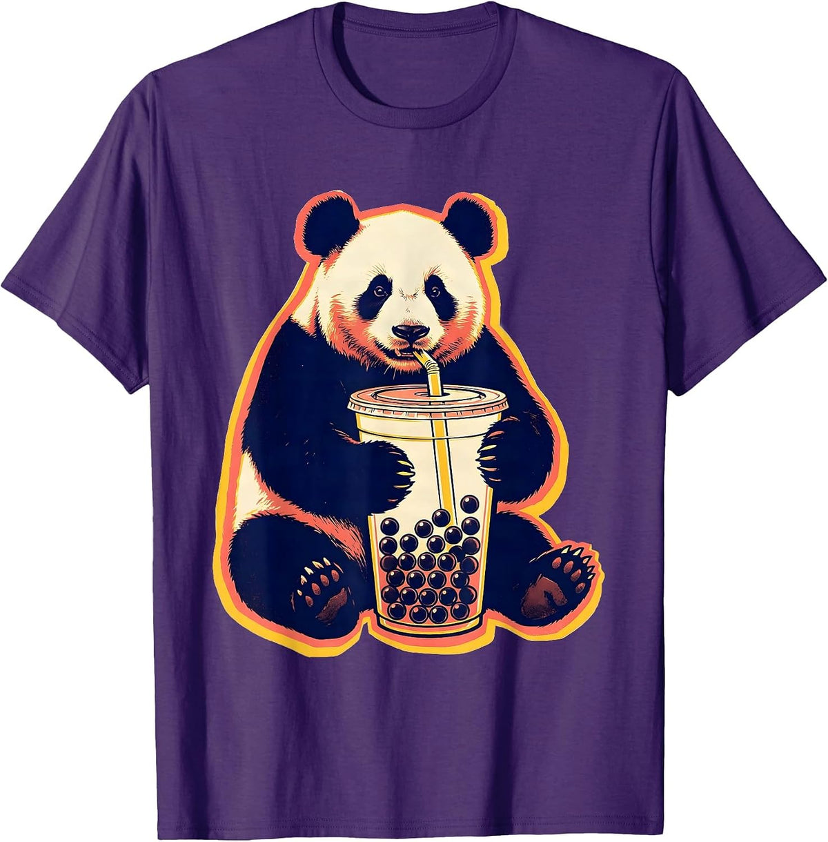Rounded Panda Hugging Bubble Tea Kawaii Anime Girl T-Shirt - Purple